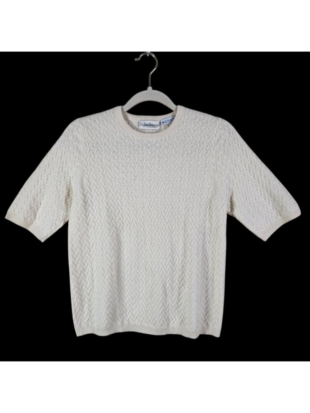 Neiman Marcus Womens Ivory Cashmere Short Sleeve Knit Pullover Sweater Top M